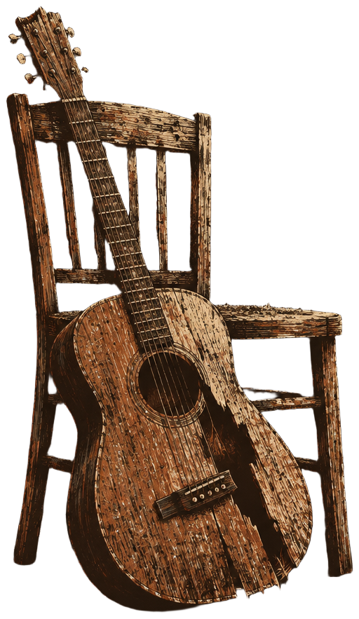 Scratchy ink illustration of a broken acoustic guitar resting on a wooden chair
