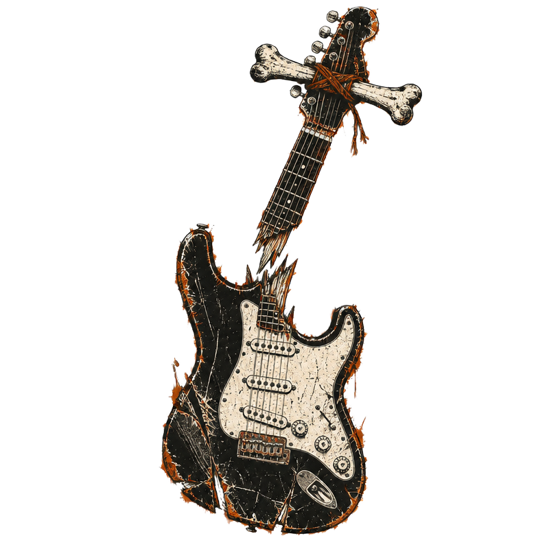 Broken electric guitar with a bone
