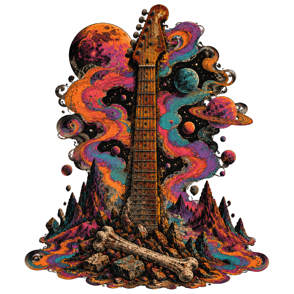 Psychedelic cosmic illustration of a rusted guitar neck rising through swirling planets and smoke, with an old bone in the rubble