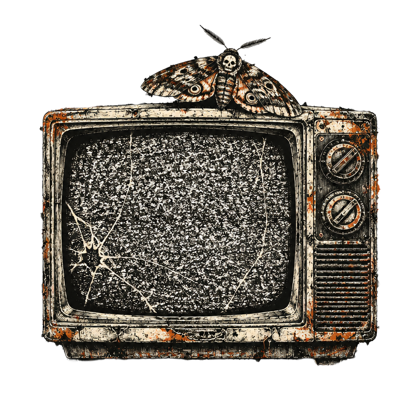 Cracked television with a moth on top